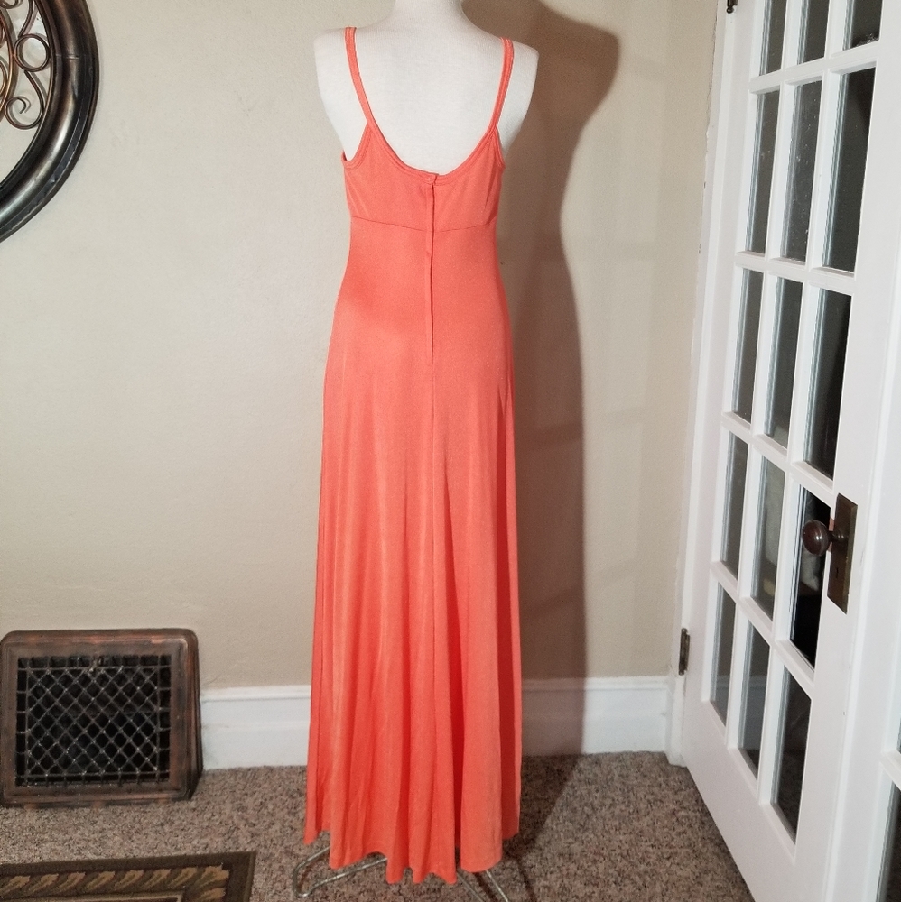 Dress Vintage 70s Soft Shimmer Sleeveless Maxi Orange Size S - Picture 10 of 12